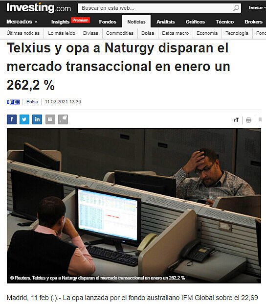 Telxius y opa a Naturgy disparan el mercado transaccional en enero un 262,2 %